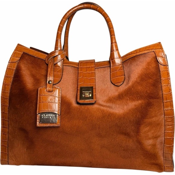 Claudia Firenze Handbags - Claudia Firenze Calf Hair Leather Tote Bag Croc Embossed Trim Turn Lock Brown